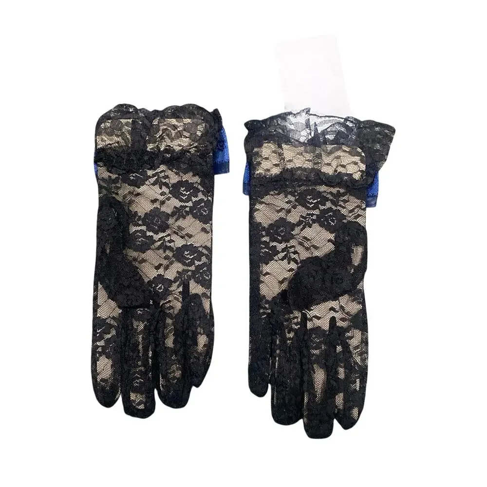 Lace Gloves with Dark Blue Bow and Gem in Black, Size OS